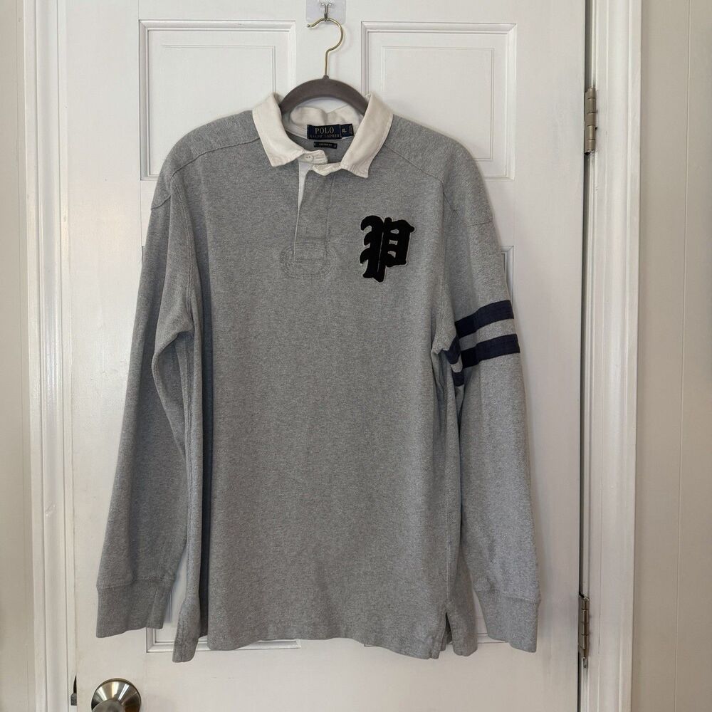 Polo Ralph Lauren Mens XL Rugby Shirt Gray 67 Gothic P Patch Custom Fit